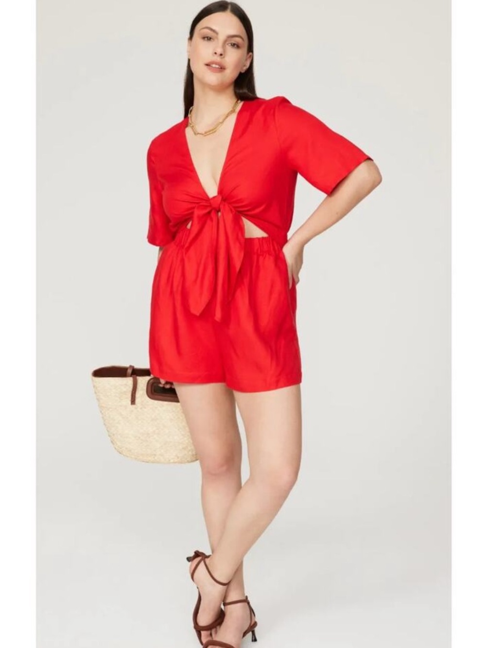 Socialite Red Tie Open Front Pull On Short Romper
